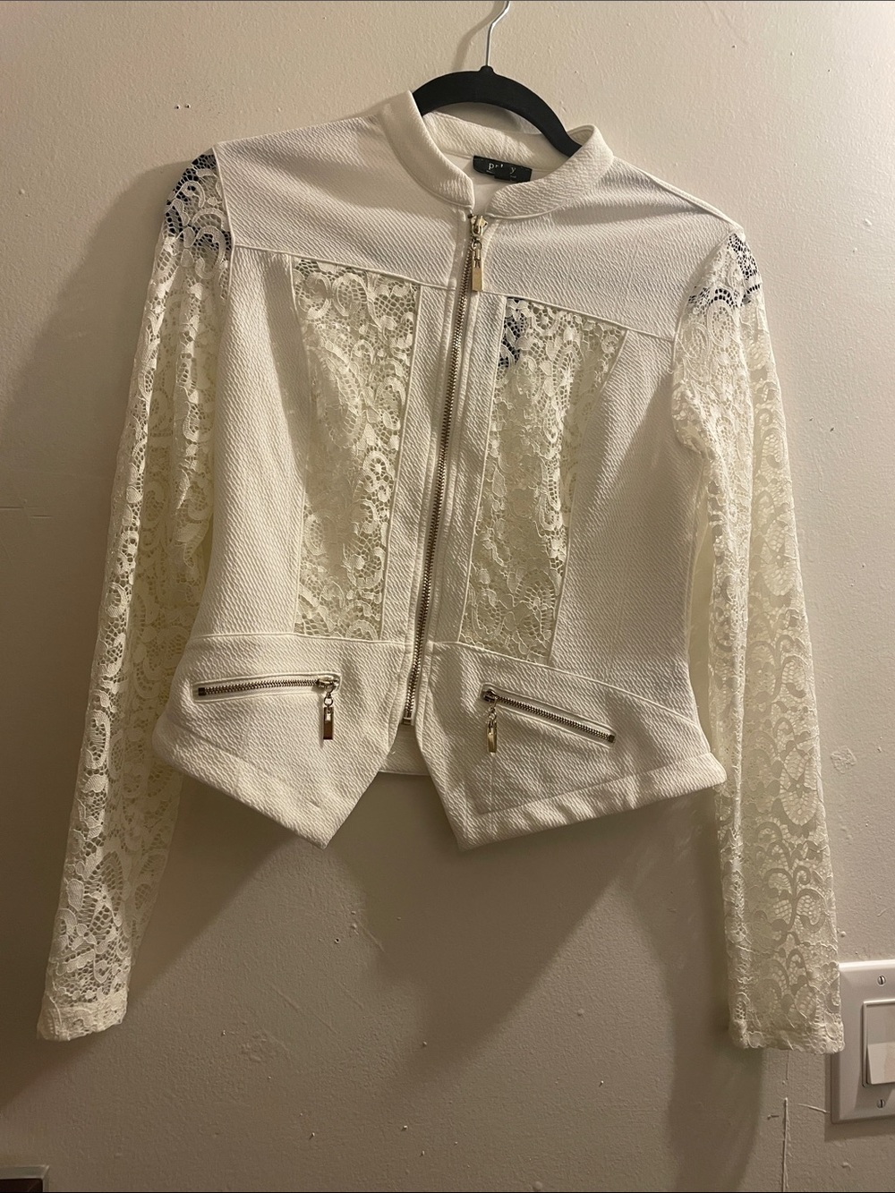 privy White Lace Panel Zip-Front Jacket